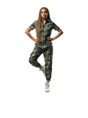 Funky Diva Y2K Camo Bling Utility Jumpsuit - Green Gold Star Peace Women’s M